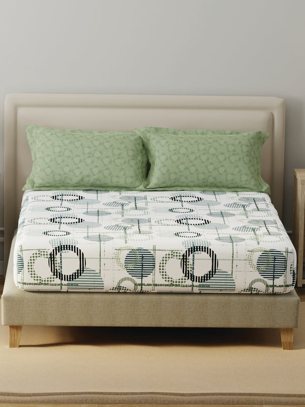 BasicX 100% Cotton 120 TC Green & White Geometric Double Bedsheet with 2 Pillow Covers