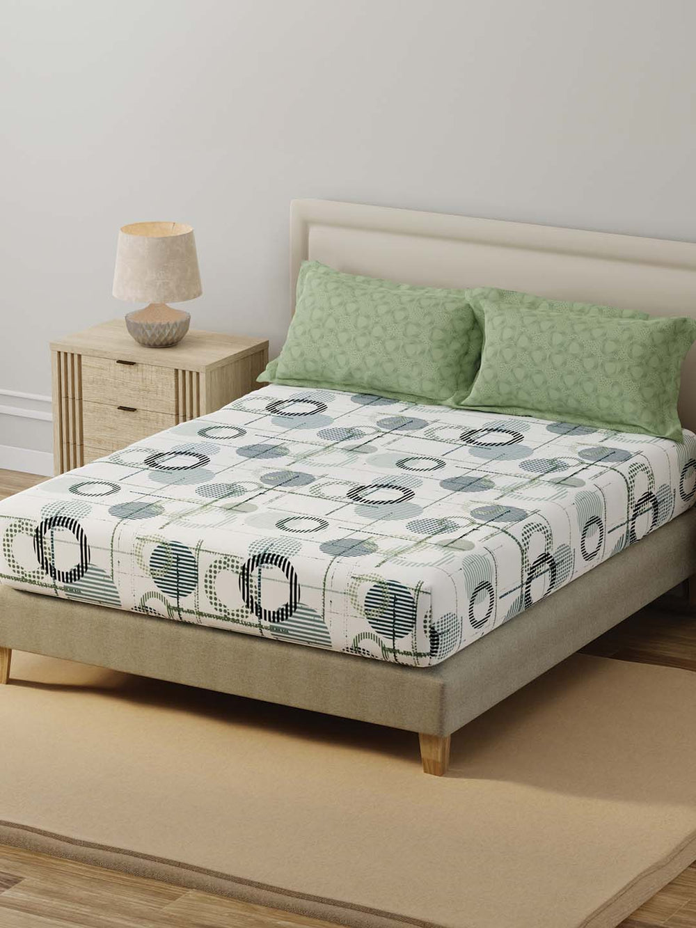 BasicX 100% Cotton 120 TC Green & White Geometric Double Bedsheet with 2 Pillow Covers