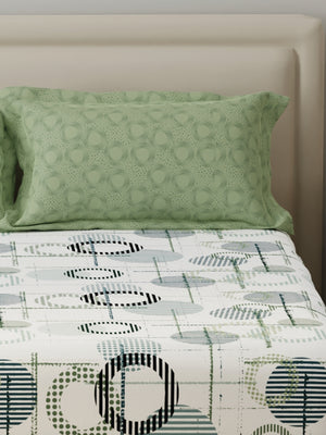 BasicX 100% Cotton 120 TC Green & White Geometric Double Bedsheet with 2 Pillow Covers