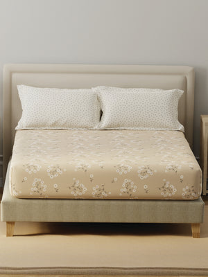BasicX 100% Cotton 120 TC Cream Floral Double Bedsheet with 2 Pillow Covers