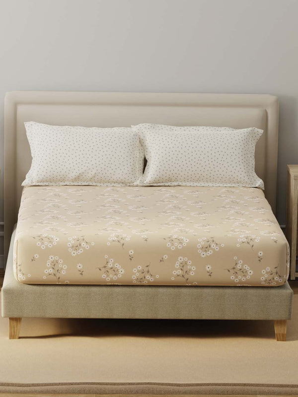 BasicX 100% Cotton 120 TC Cream Floral Double Bedsheet with 2 Pillow Covers