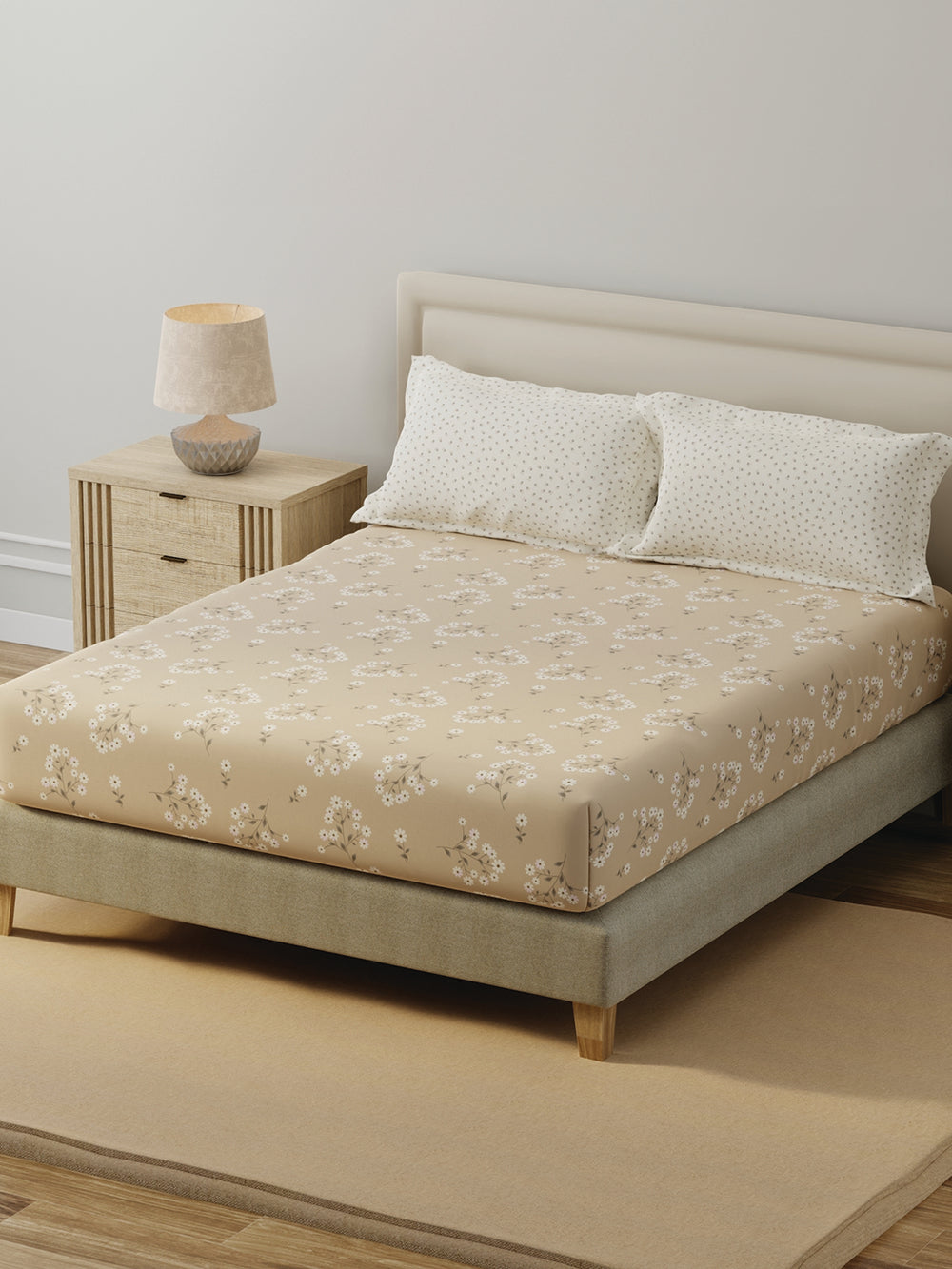 BasicX 100% Cotton 120 TC Cream Floral Double Bedsheet with 2 Pillow Covers