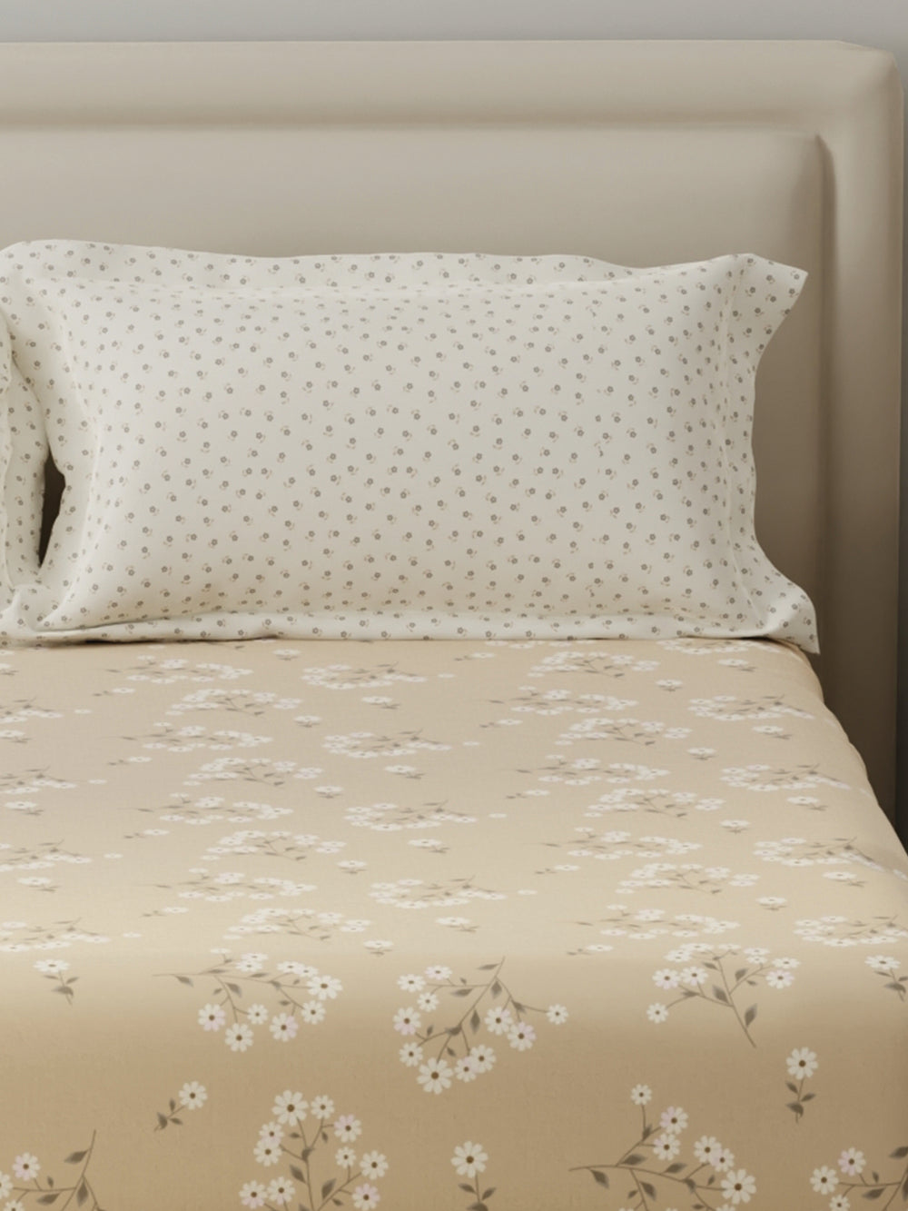 BasicX 100% Cotton 120 TC Cream Floral Double Bedsheet with 2 Pillow Covers
