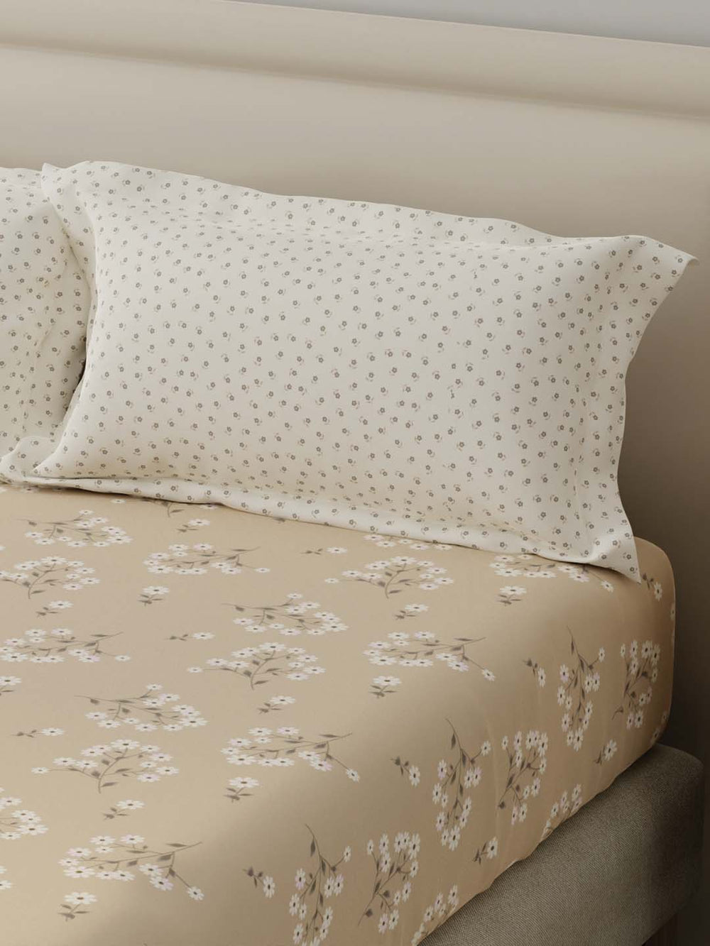 BasicX 100% Cotton 120 TC Cream Floral Double Bedsheet with 2 Pillow Covers