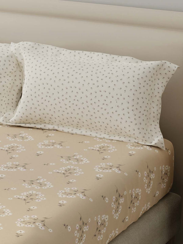 BasicX 100% Cotton 120 TC Cream Floral Double Bedsheet with 2 Pillow Covers
