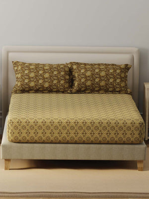 BasicX 100% Cotton 120 TC Brown Printed Double Bedsheet with 2 Pillow Covers