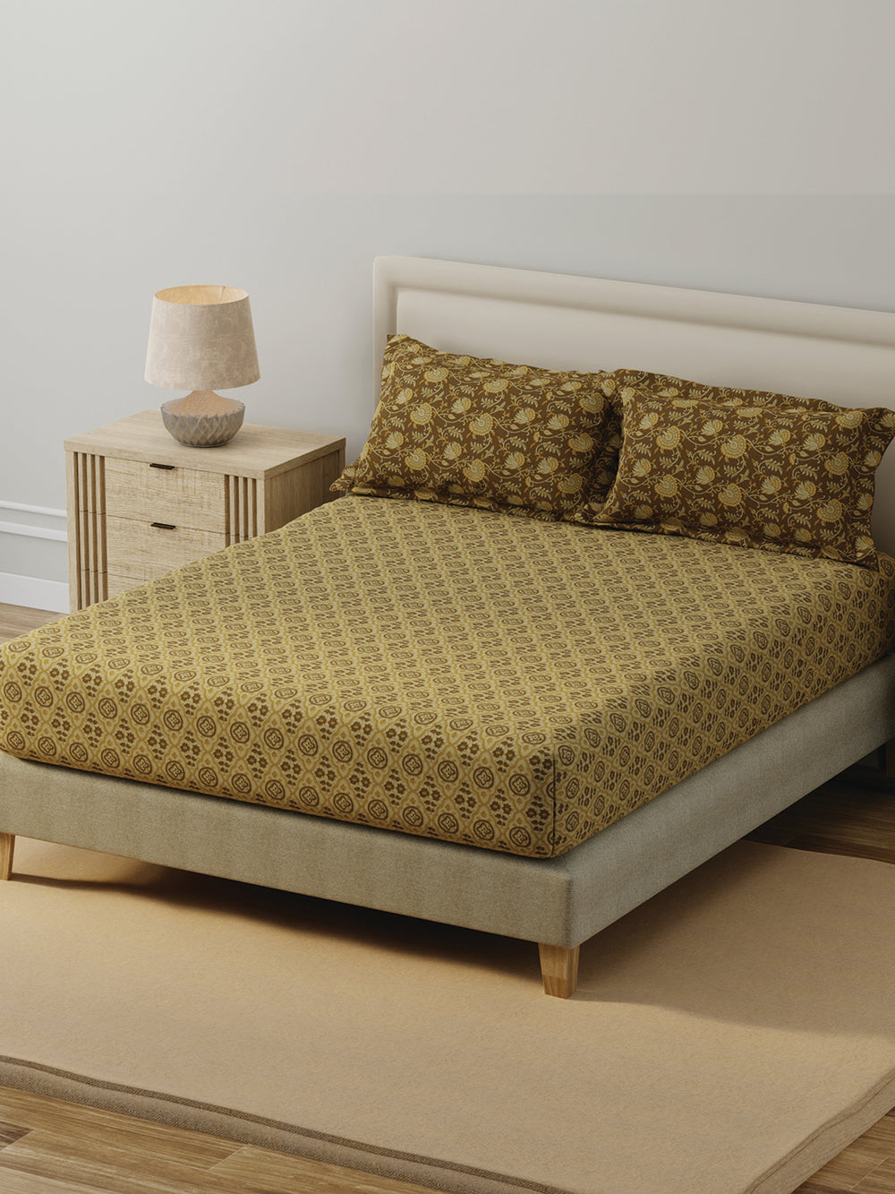 BasicX 100% Cotton 120 TC Brown Printed Double Bedsheet with 2 Pillow Covers
