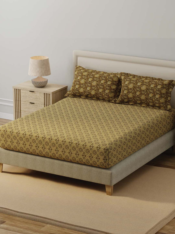 BasicX 100% Cotton 120 TC Brown Printed Double Bedsheet with 2 Pillow Covers