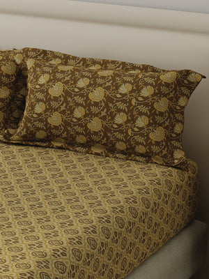 BasicX 100% Cotton 120 TC Brown Printed Double Bedsheet with 2 Pillow Covers