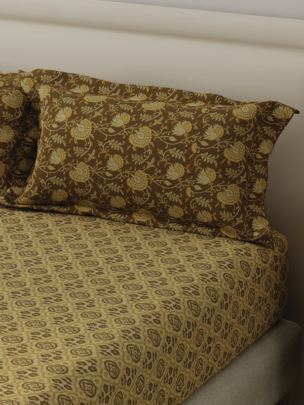 BasicX 100% Cotton 120 TC Brown Printed Double Bedsheet with 2 Pillow Covers