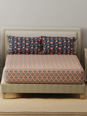 BasicX 100% Cotton 120 TC Blue Printed Double Bedsheet with 2 Pillow Covers