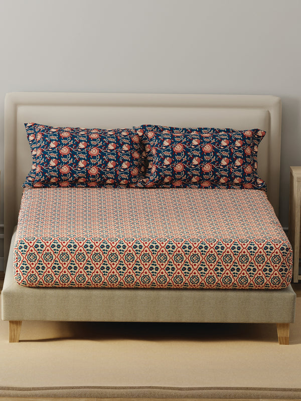 BasicX 100% Cotton 120 TC Blue Printed Double Bedsheet with 2 Pillow Covers