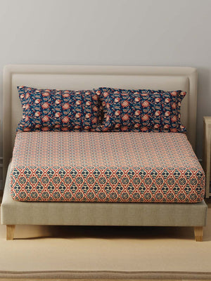 BasicX 100% Cotton 120 TC Blue Printed Double Bedsheet with 2 Pillow Covers