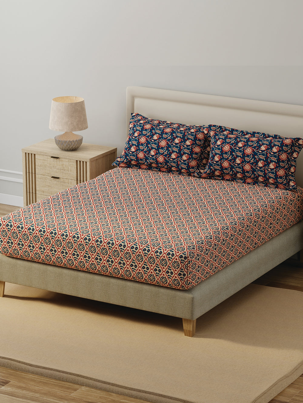 BasicX 100% Cotton 120 TC Blue Printed Double Bedsheet with 2 Pillow Covers