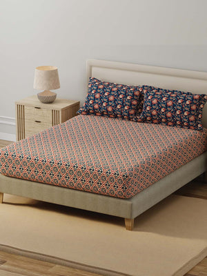BasicX 100% Cotton 120 TC Blue Printed Double Bedsheet with 2 Pillow Covers