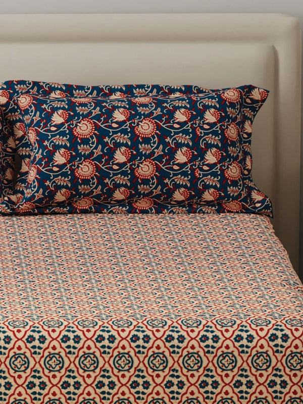 BasicX 100% Cotton 120 TC Blue Printed Double Bedsheet with 2 Pillow Covers