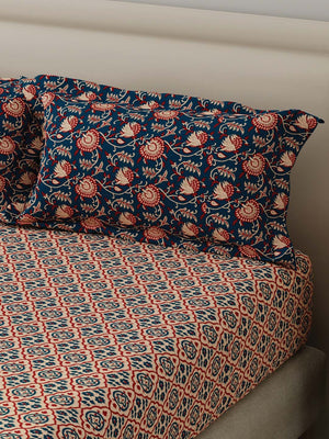 BasicX 100% Cotton 120 TC Blue Printed Double Bedsheet with 2 Pillow Covers