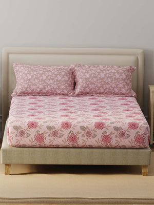 BasicX 100% Cotton 120 TC Pink Floral Double Bedsheet with 2 Pillow Covers