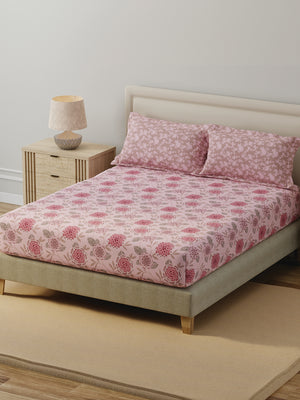 BasicX 100% Cotton 120 TC Pink Floral Double Bedsheet with 2 Pillow Covers