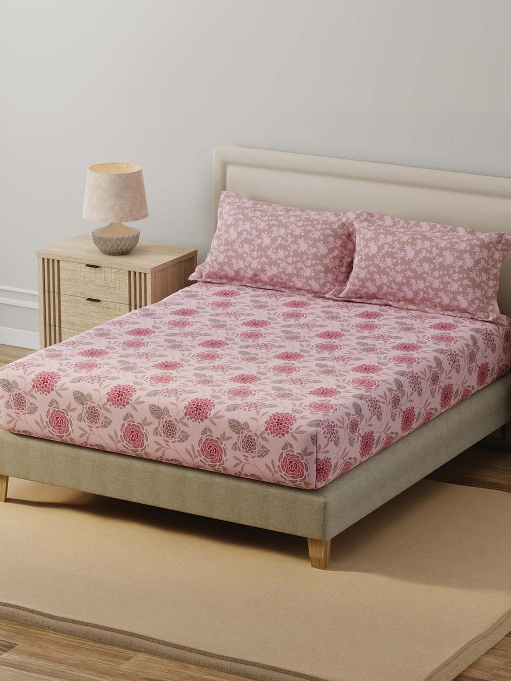 BasicX 100% Cotton 120 TC Pink Floral Double Bedsheet with 2 Pillow Covers