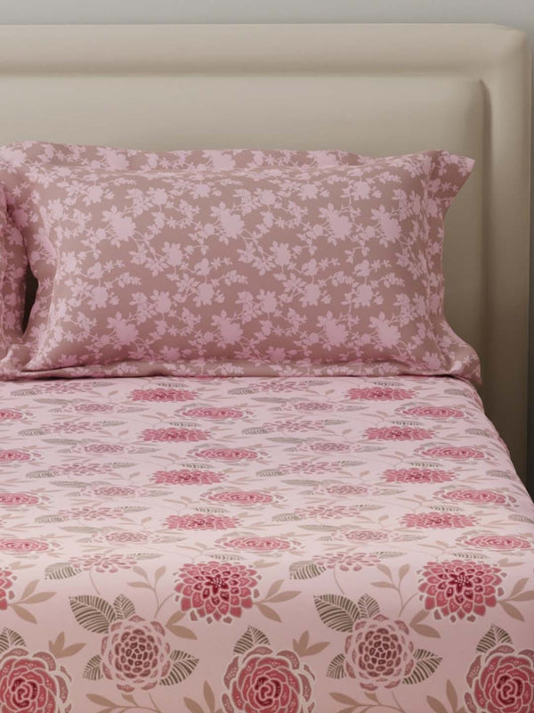 BasicX 100% Cotton 120 TC Pink Floral Double Bedsheet with 2 Pillow Covers