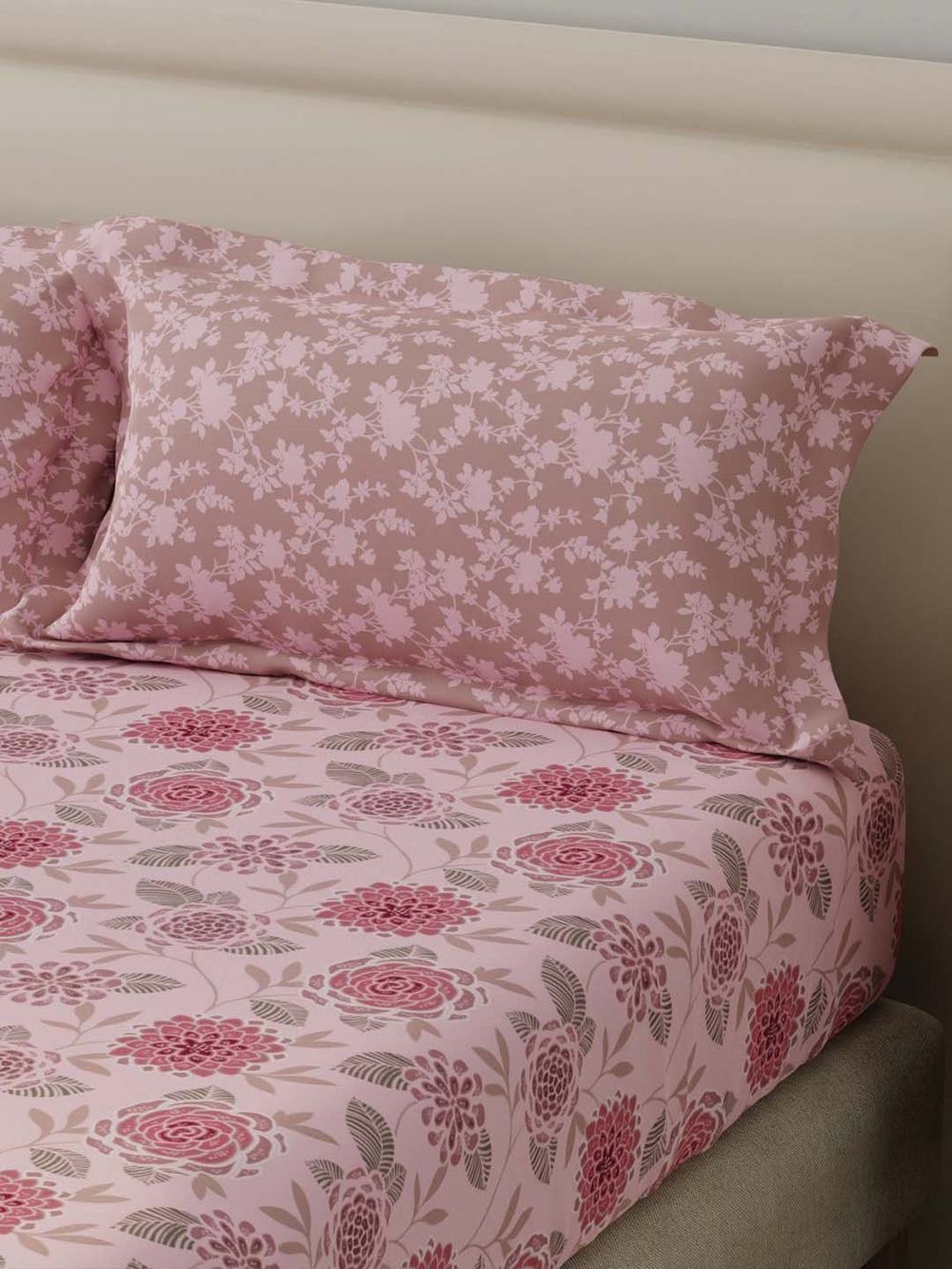 BasicX 100% Cotton 120 TC Pink Floral Double Bedsheet with 2 Pillow Covers
