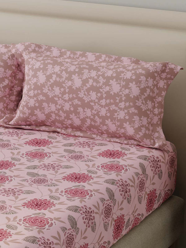 BasicX 100% Cotton 120 TC Pink Floral Double Bedsheet with 2 Pillow Covers