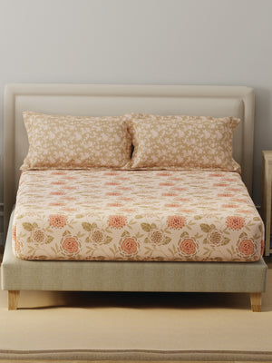 BasicX 100% Cotton 120 TC Peach Floral Double Bedsheet with 2 Pillow Covers