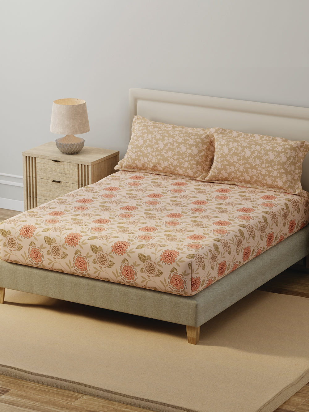 BasicX 100% Cotton 120 TC Peach Floral Double Bedsheet with 2 Pillow Covers