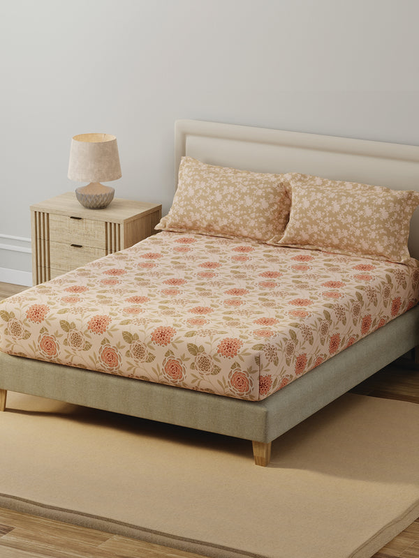 BasicX 100% Cotton 120 TC Peach Floral Double Bedsheet with 2 Pillow Covers