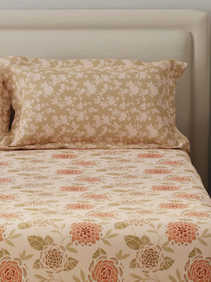 BasicX 100% Cotton 120 TC Peach Floral Double Bedsheet with 2 Pillow Covers
