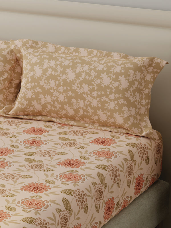 BasicX 100% Cotton 120 TC Peach Floral Double Bedsheet with 2 Pillow Covers