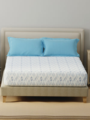 BasicX 100% Cotton 120 TC Blue Geometric Double Bedsheet with 2 Pillow Covers