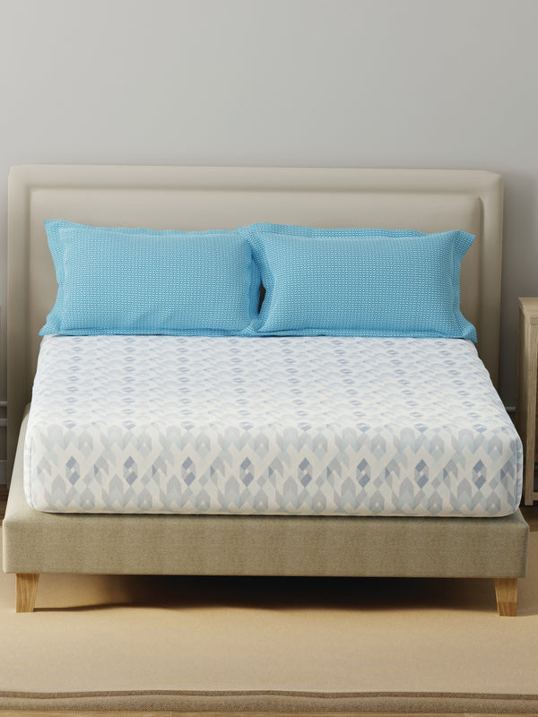 BasicX 100% Cotton 120 TC Blue Geometric Double Bedsheet with 2 Pillow Covers