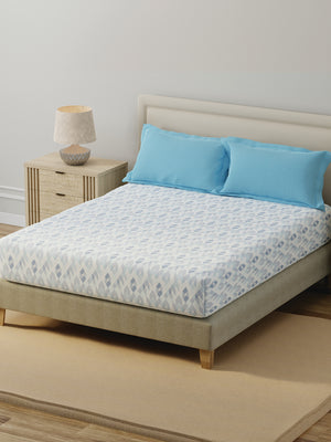 BasicX 100% Cotton 120 TC Blue Geometric Double Bedsheet with 2 Pillow Covers