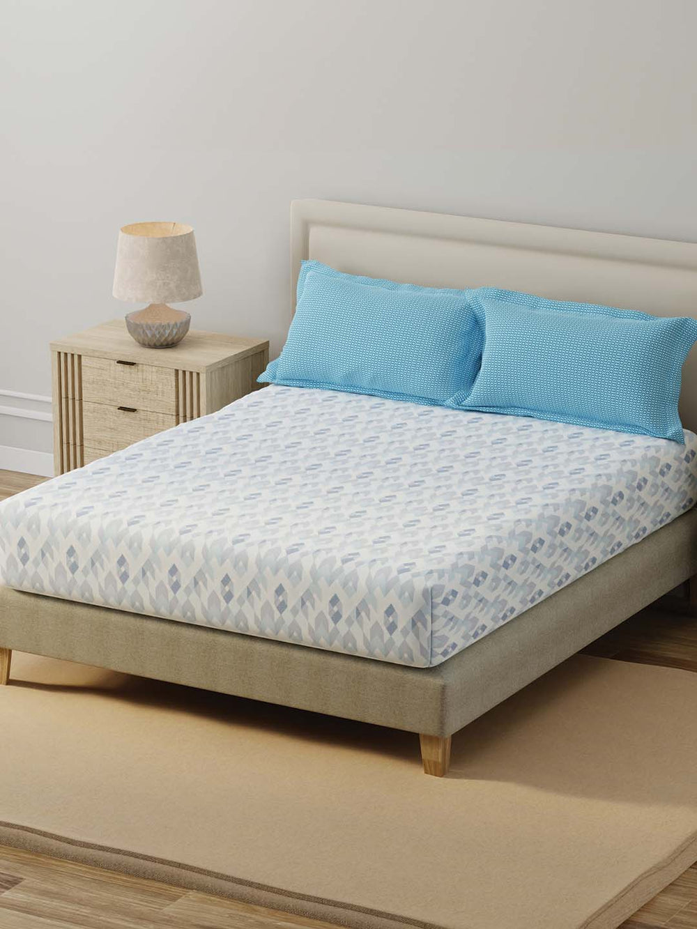BasicX 100% Cotton 120 TC Blue Geometric Double Bedsheet with 2 Pillow Covers