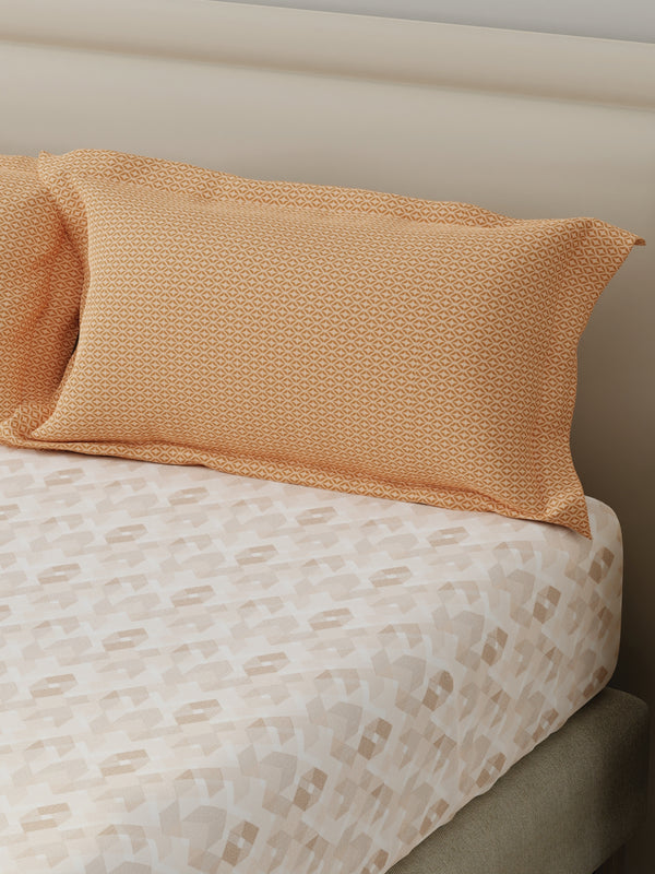 BasicX 100% Cotton 120 TC Cream Geometric Double Bedsheet with 2 Pillow Covers
