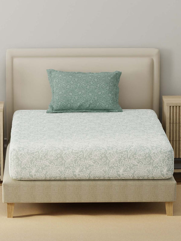 BasicX 100% Cotton 120 TC Grey Floral Single Bedsheet with 1 Pillow Cover
