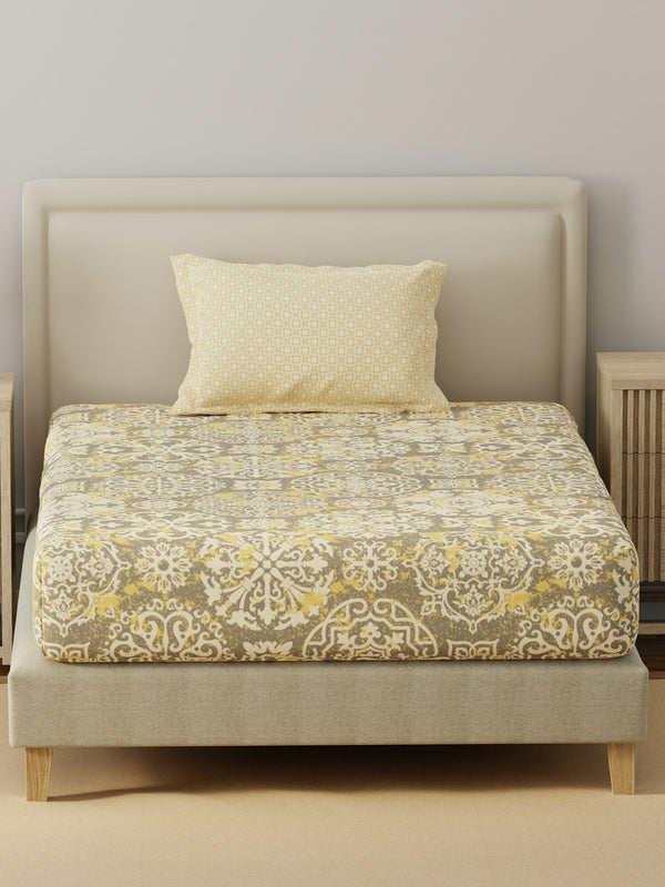 BasicX 100% Cotton 120 TC Yellow & Grey Printed Single Bedsheet with 1 Pillow Cover