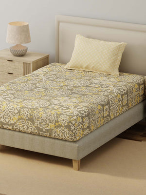 BasicX 100% Cotton 120 TC Yellow & Grey Printed Single Bedsheet with 1 Pillow Cover