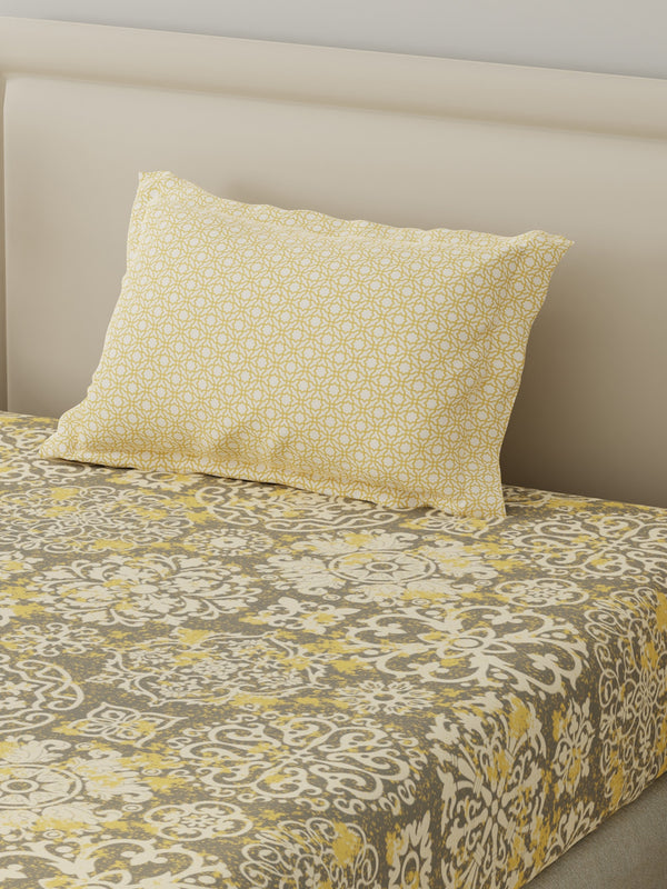 BasicX 100% Cotton 120 TC Yellow & Grey Printed Single Bedsheet with 1 Pillow Cover