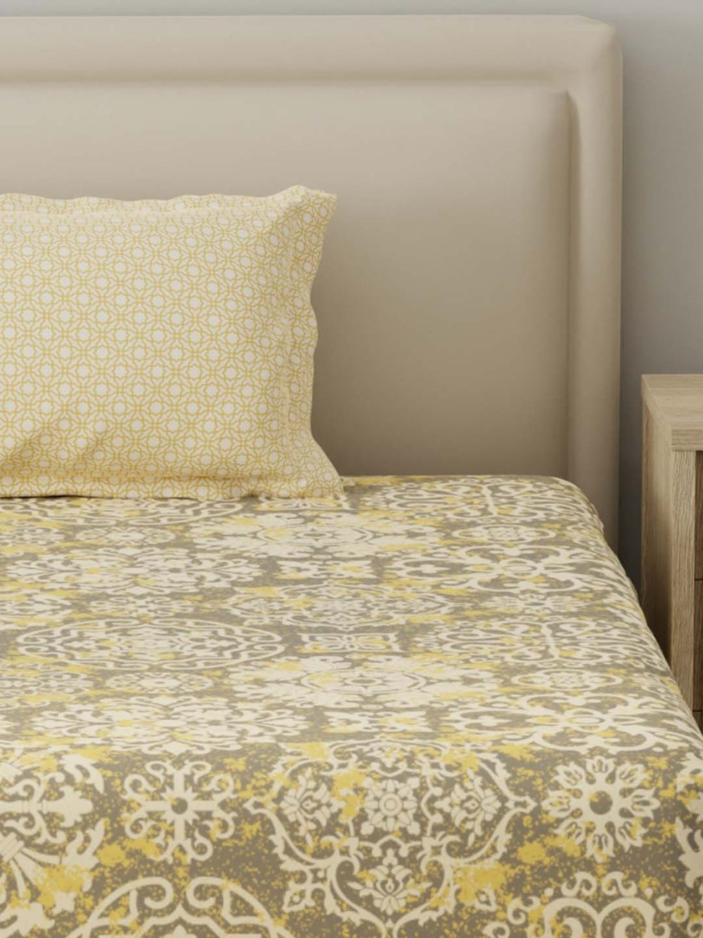 BasicX 100% Cotton 120 TC Yellow & Grey Printed Single Bedsheet with 1 Pillow Cover