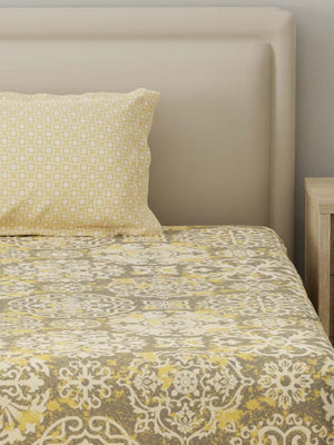 BasicX 100% Cotton 120 TC Yellow & Grey Printed Single Bedsheet with 1 Pillow Cover