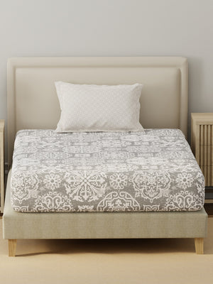 BasicX 100% Cotton 120 TC Grey Printed Single Bedsheet with 1 Pillow Cover