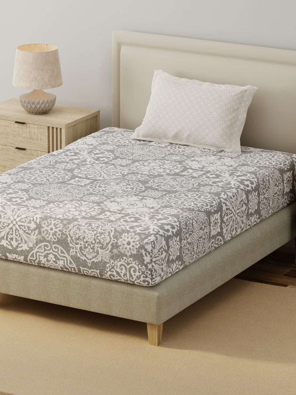 BasicX 100% Cotton 120 TC Grey Printed Single Bedsheet with 1 Pillow Cover