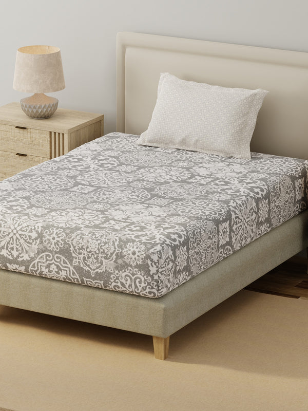 BasicX 100% Cotton 120 TC Grey Printed Single Bedsheet with 1 Pillow Cover
