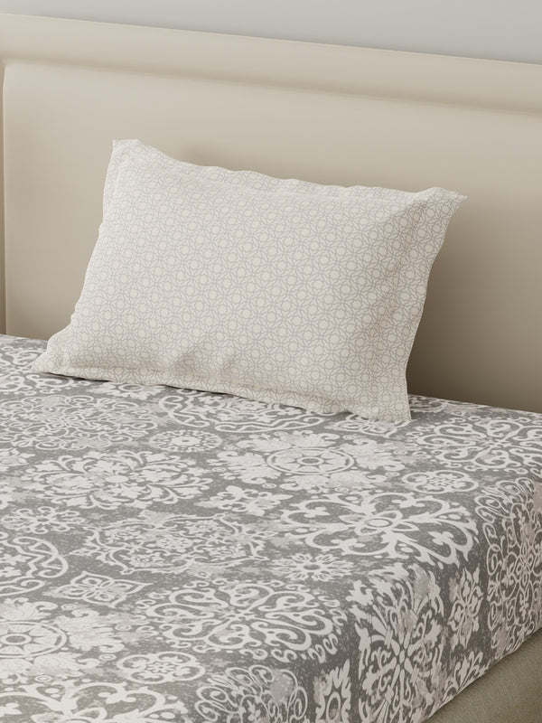 BasicX 100% Cotton 120 TC Grey Printed Single Bedsheet with 1 Pillow Cover