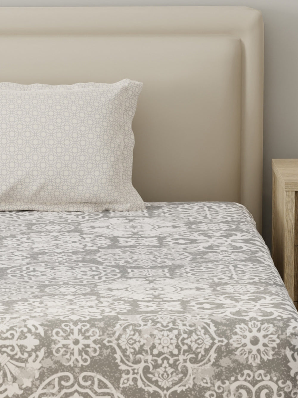 BasicX 100% Cotton 120 TC Grey Printed Single Bedsheet with 1 Pillow Cover