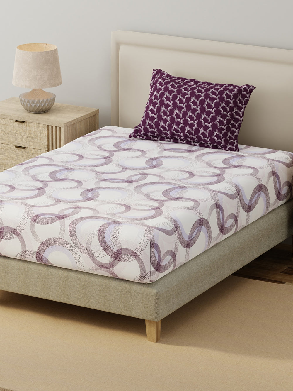 BasicX 100% Cotton 120 TC Purple & White Geometric Single Bedsheet with 1 Pillow Cover