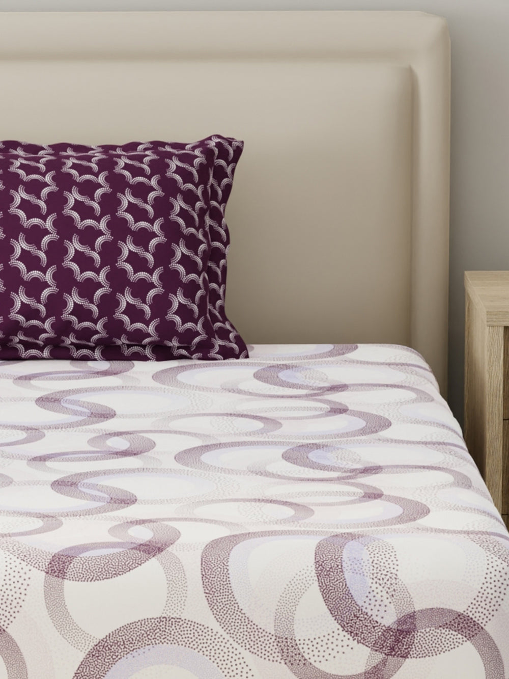 BasicX 100% Cotton 120 TC Purple & White Geometric Single Bedsheet with 1 Pillow Cover